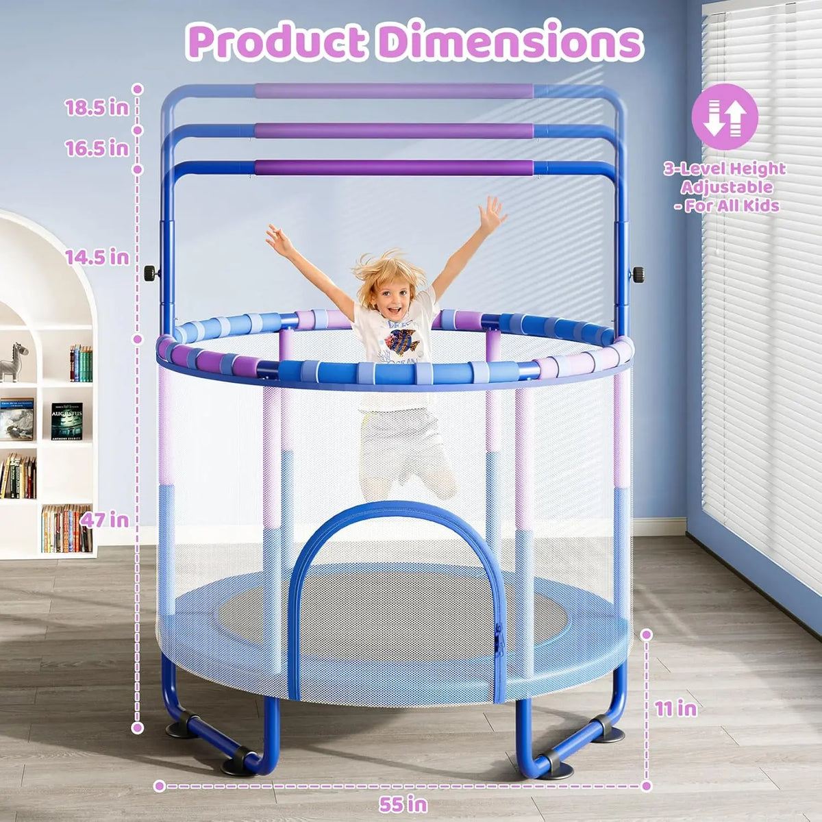 Yohood 55" Trampoline for Kids with Enclosure, 6-In-1 Toddler Trampoline Indoor Outdoor, Upgrade Full Anti-Rust Tube with Adjustable Gymnastics Bars for Boys Girls