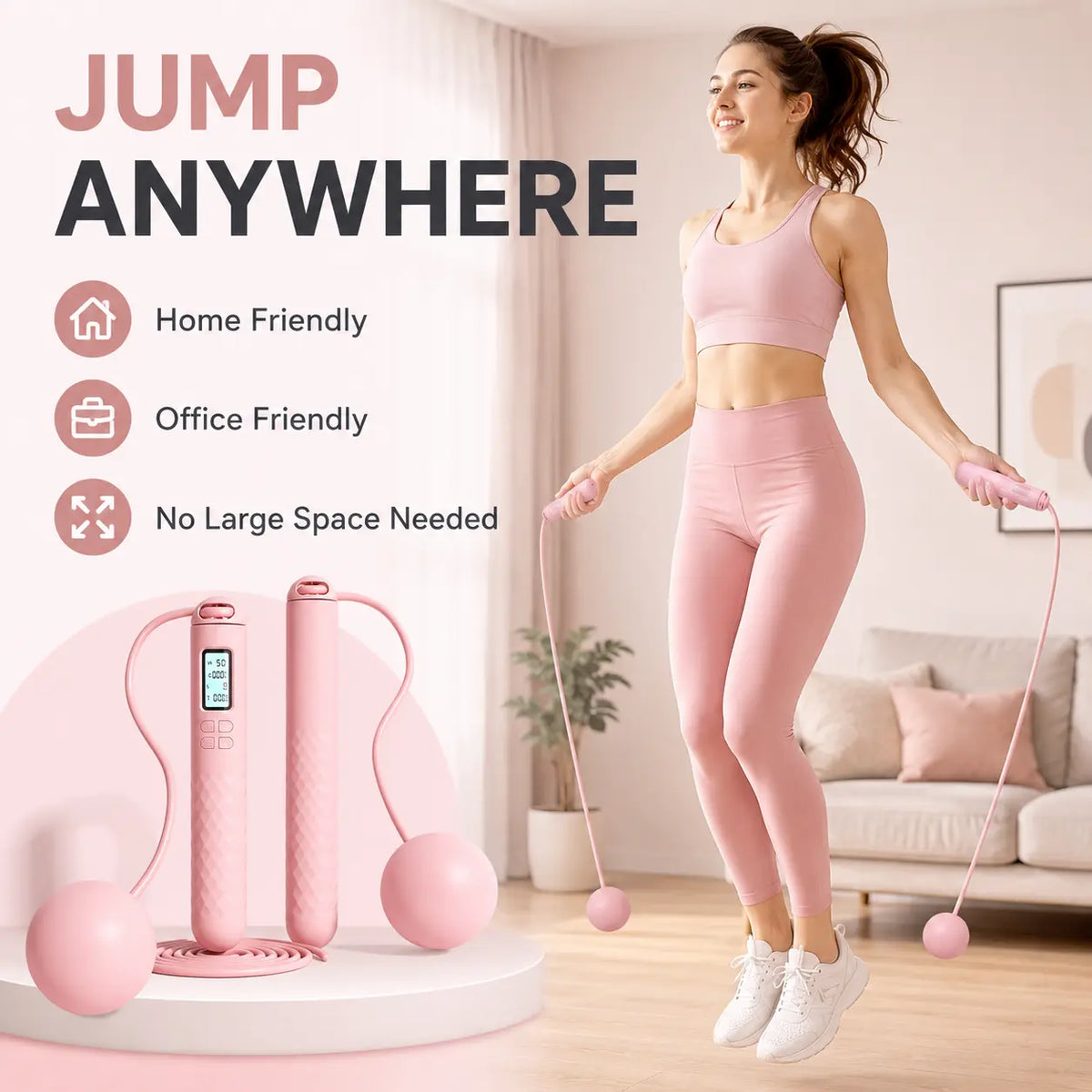 2-In-1 Smart Cordless Jump Rope with LCD Counter, Weighted Balls & Long Rope, Indoor Cardio Skipping Rope for Home Workout, Pink，Black