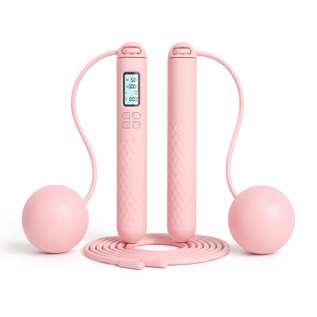 2-In-1 Smart Cordless Jump Rope with LCD Counter, Weighted Balls & Long Rope, Indoor Cardio Skipping Rope for Home Workout, Pink，Black