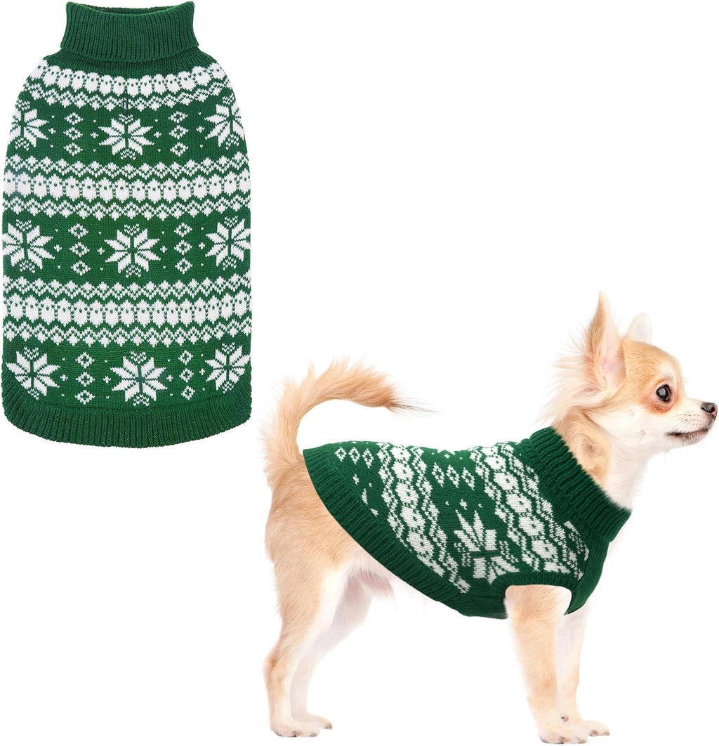 Cable Knit Dog Sweater Turtleneck, Cold Weather Pullover Classic Knitwear, Snowflake Pattern Thick Warm Winter Pet Clothes, Dog Christmas Sweater for Small Medium Large Dogs Cats, Green S